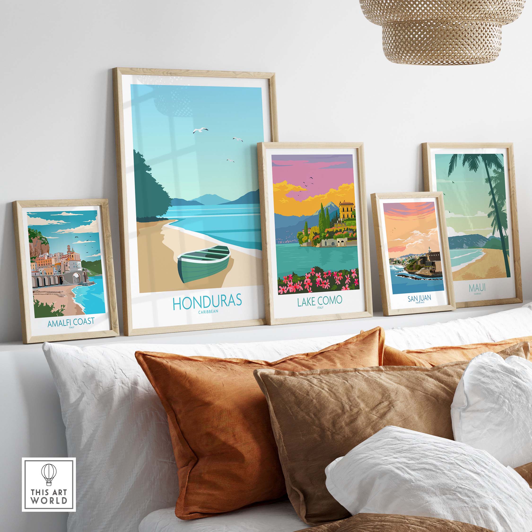 Honduras Caribbean print poster displayed with other travel art in a stylish home decor setting.