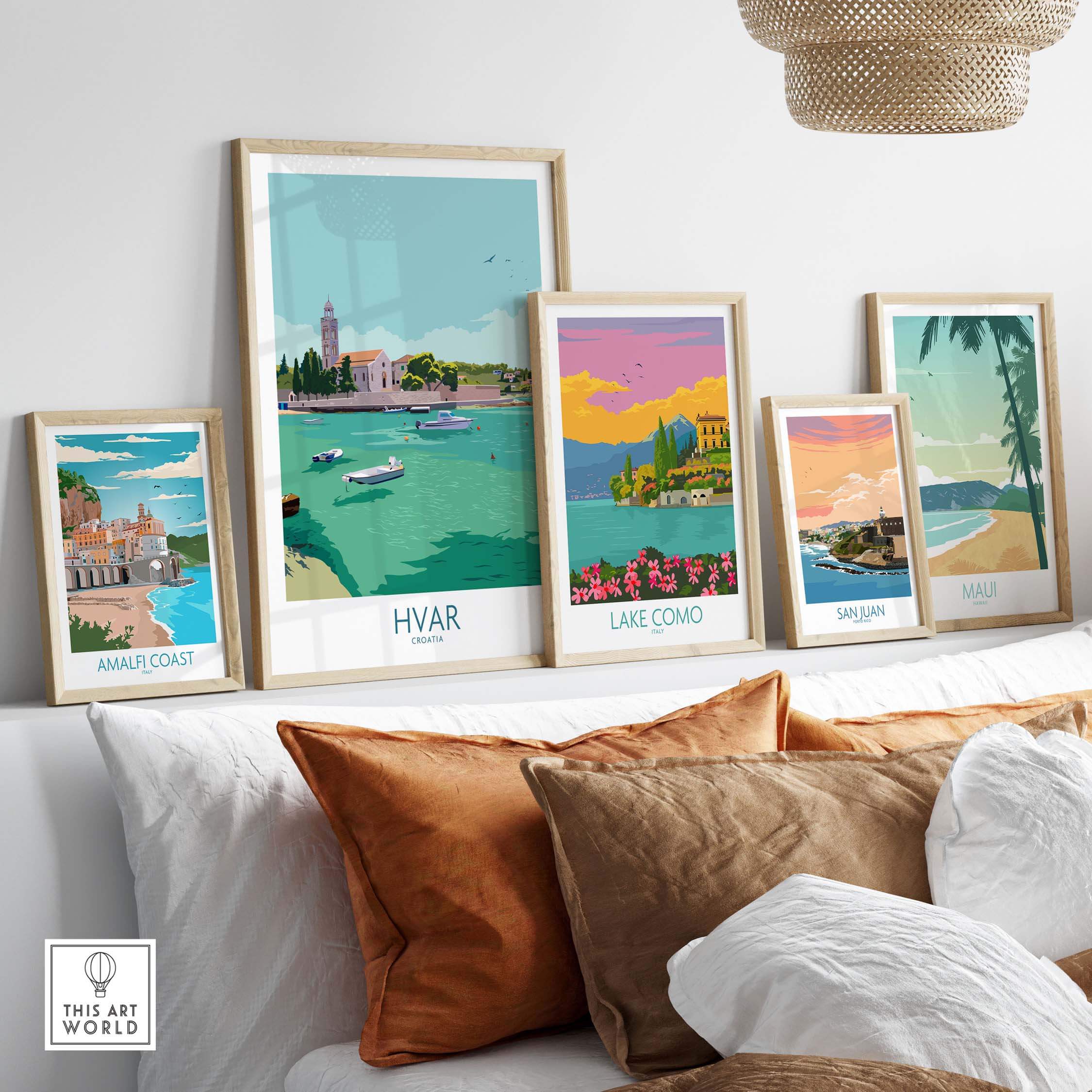 Hvar Print Croatia travel poster collection displayed in stylish frames on a modern sofa.