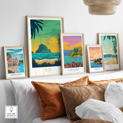 Ibiza Print Travel Poster collection displayed in a stylish living room with vintage travel art prints.