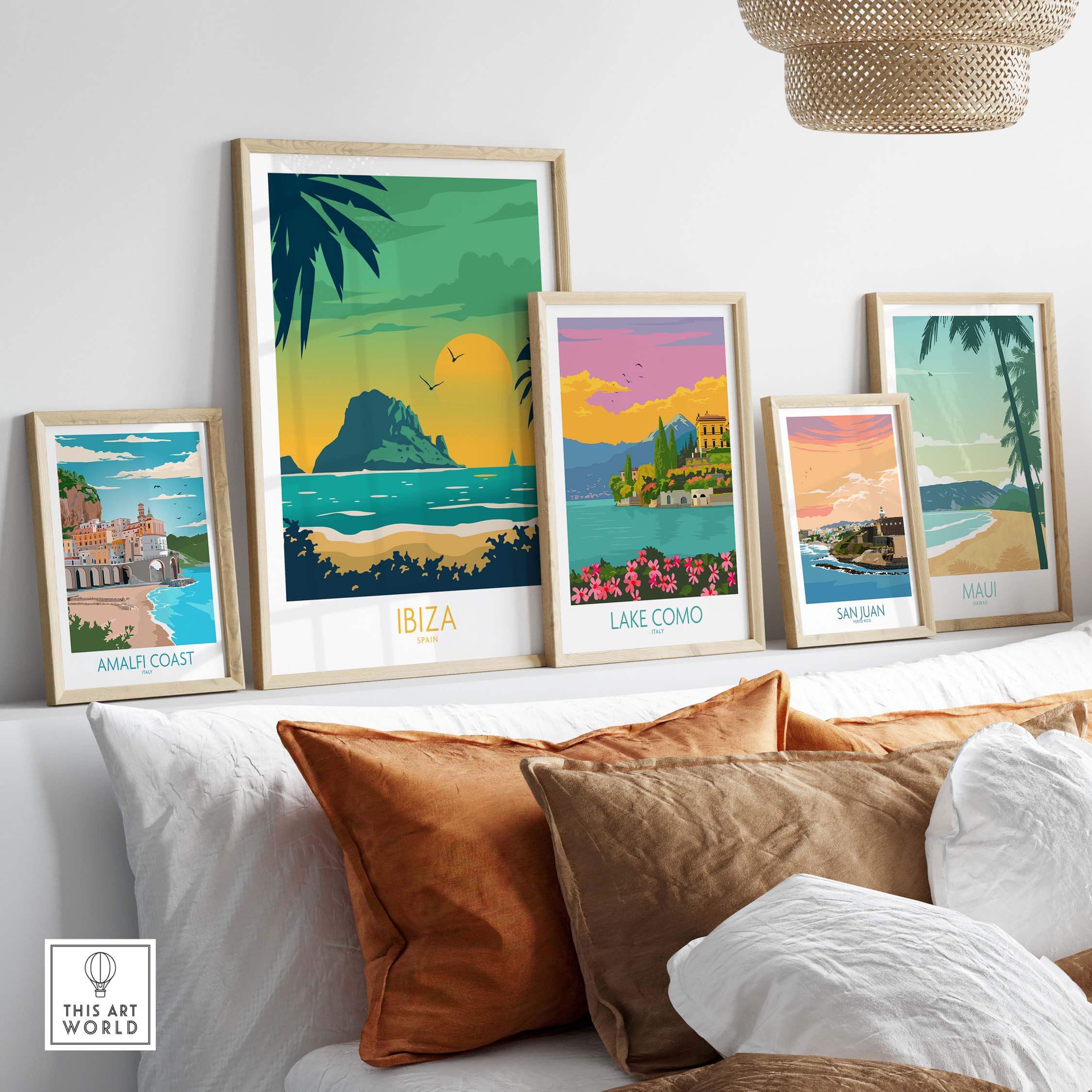 Ibiza Print Travel Poster collection displayed in a stylish living room with vintage travel art prints.
