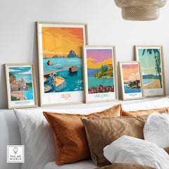 Ibiza Island poster wall art collection displayed in a stylish living room setting, featuring vintage-inspired travel designs.