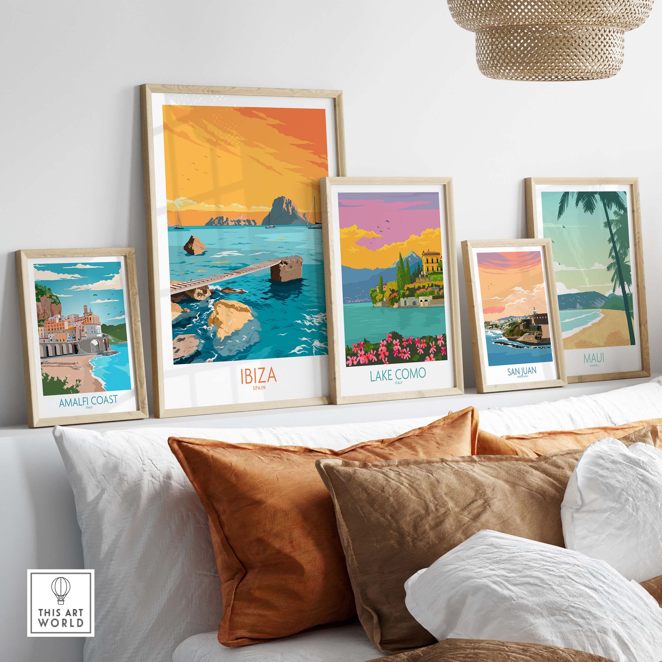 Ibiza Island poster wall art collection displayed in a stylish living room setting, featuring vintage-inspired travel designs.