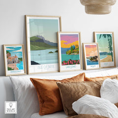 A cozy interior featuring framed Isle of Skye and other vintage travel posters on a stylish wall.