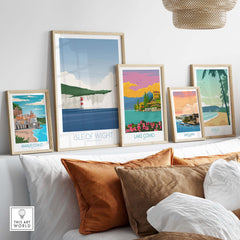 Isle of Wight print and vintage travel posters displayed in a stylish home setting with cozy decor.