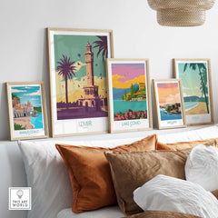 Izmir Poster Turkey Wall Art alongside framed travel prints of Amalfi Coast, Lake Como, San Juan, and Maui on a stylish wall.