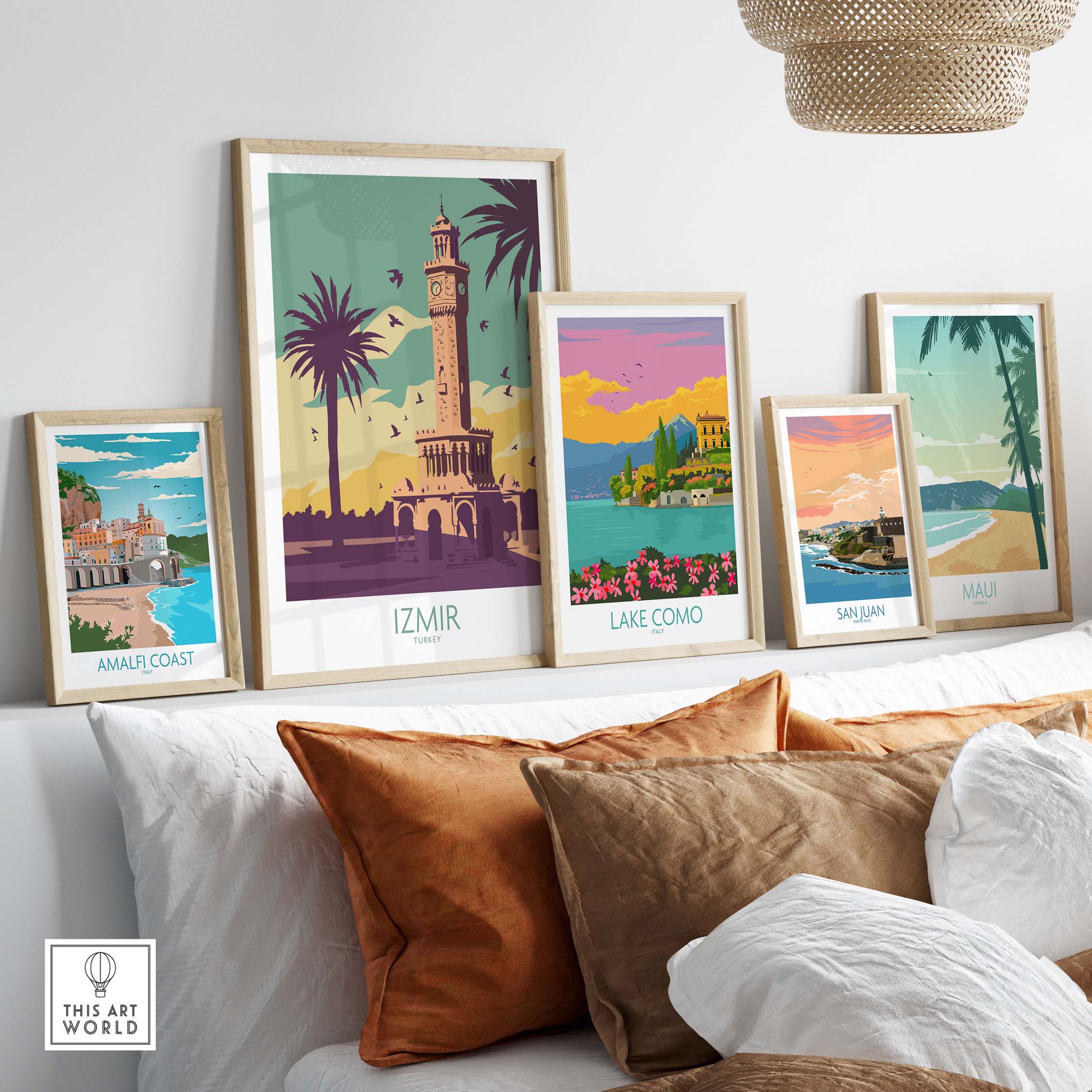 Izmir Poster Turkey Wall Art alongside framed travel prints of Amalfi Coast, Lake Como, San Juan, and Maui on a stylish wall.