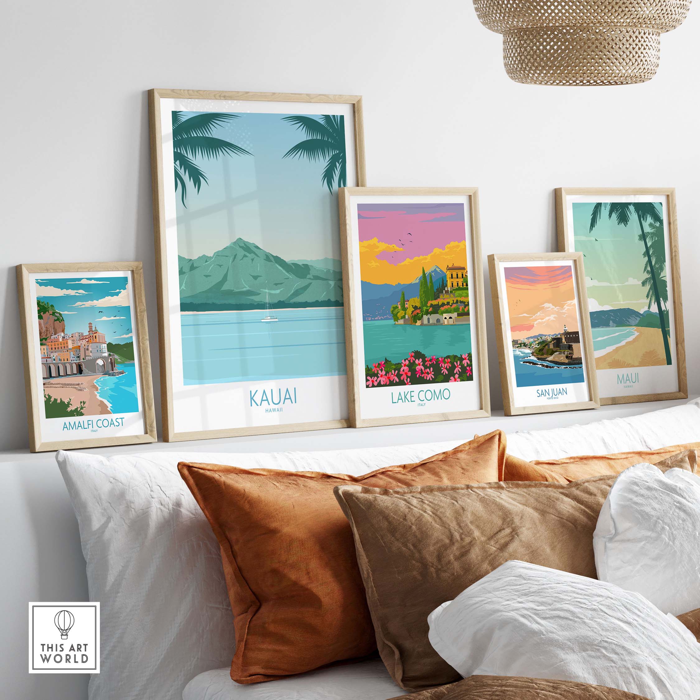 Kauai Print Hawaii Island Beach Poster displayed with other vintage travel art prints in a cozy living room.
