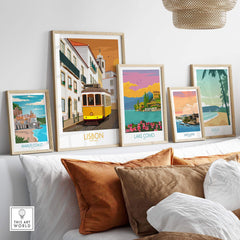 Lisbon Poster and vintage travel prints displayed in a stylish living room setting, perfect for wanderlust enthusiasts.