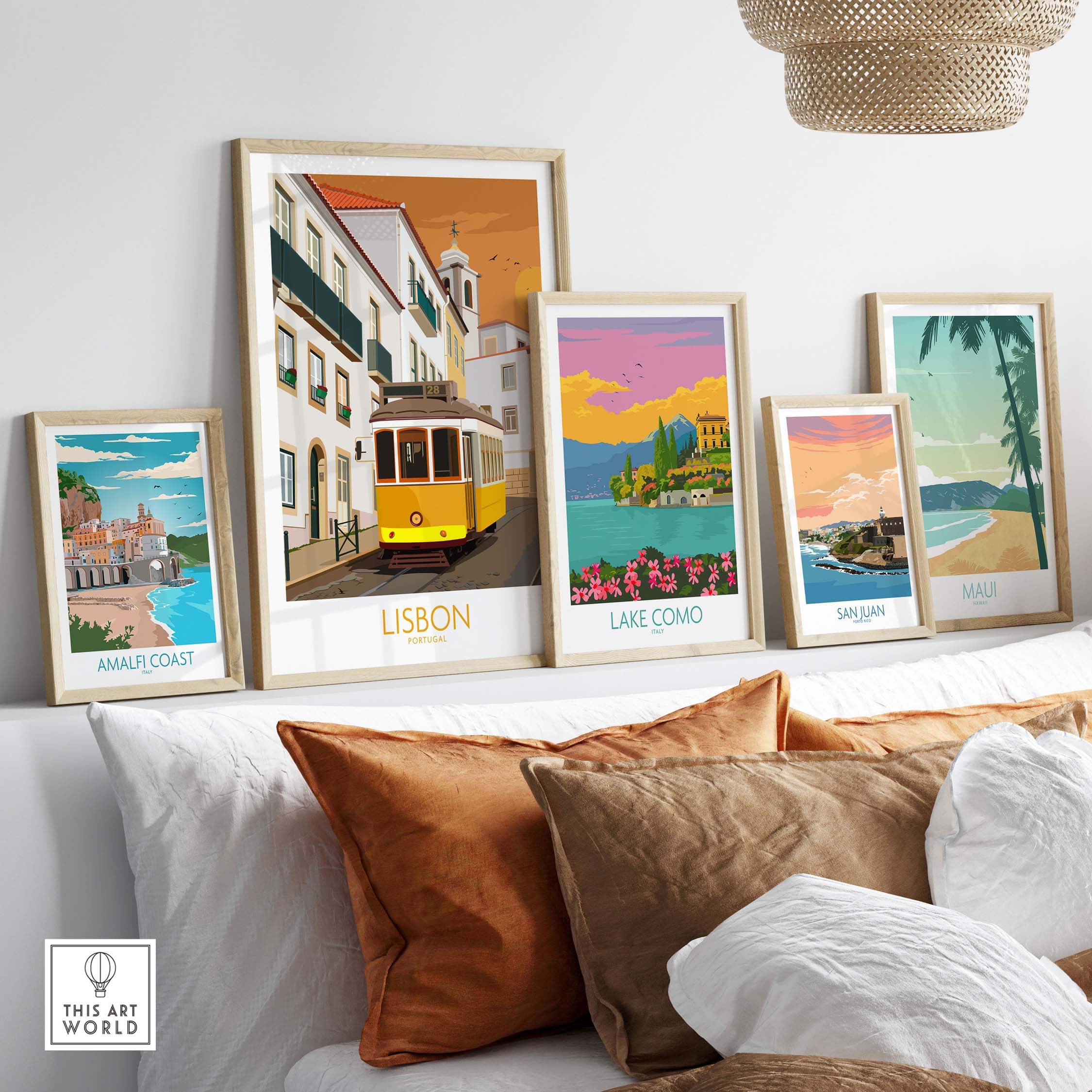 Lisbon Poster and vintage travel prints displayed in a stylish living room setting, perfect for wanderlust enthusiasts.