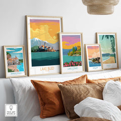 Decorative Lake Bled poster with vintage travel art, framed artwork on a stylish living room wall.