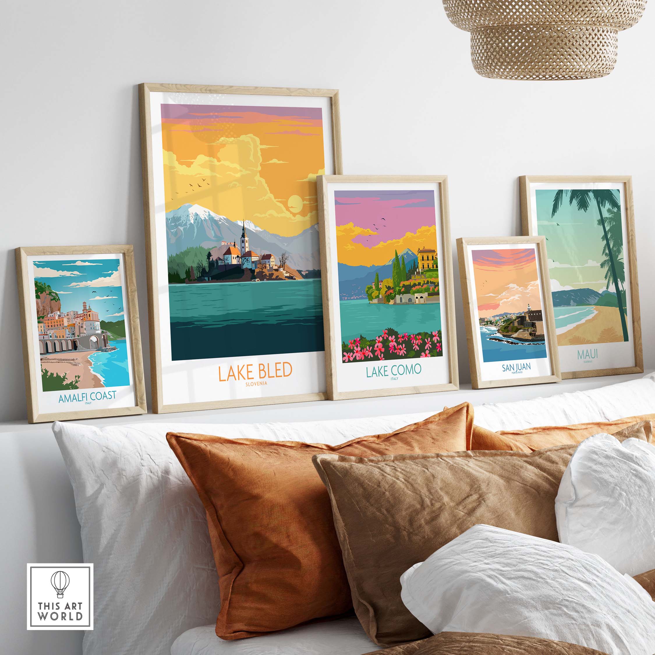 Decorative Lake Bled poster with vintage travel art, framed artwork on a stylish living room wall.