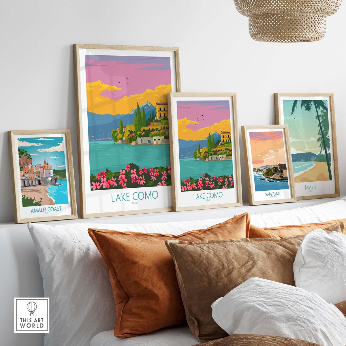 Framed Lake Como Italy travel posters displayed on a cozy wall, featuring vibrant colors and minimalist design.