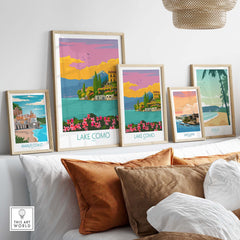 Framed Lake Como Italy travel posters displayed on a cozy wall, featuring vibrant colors and minimalist design.