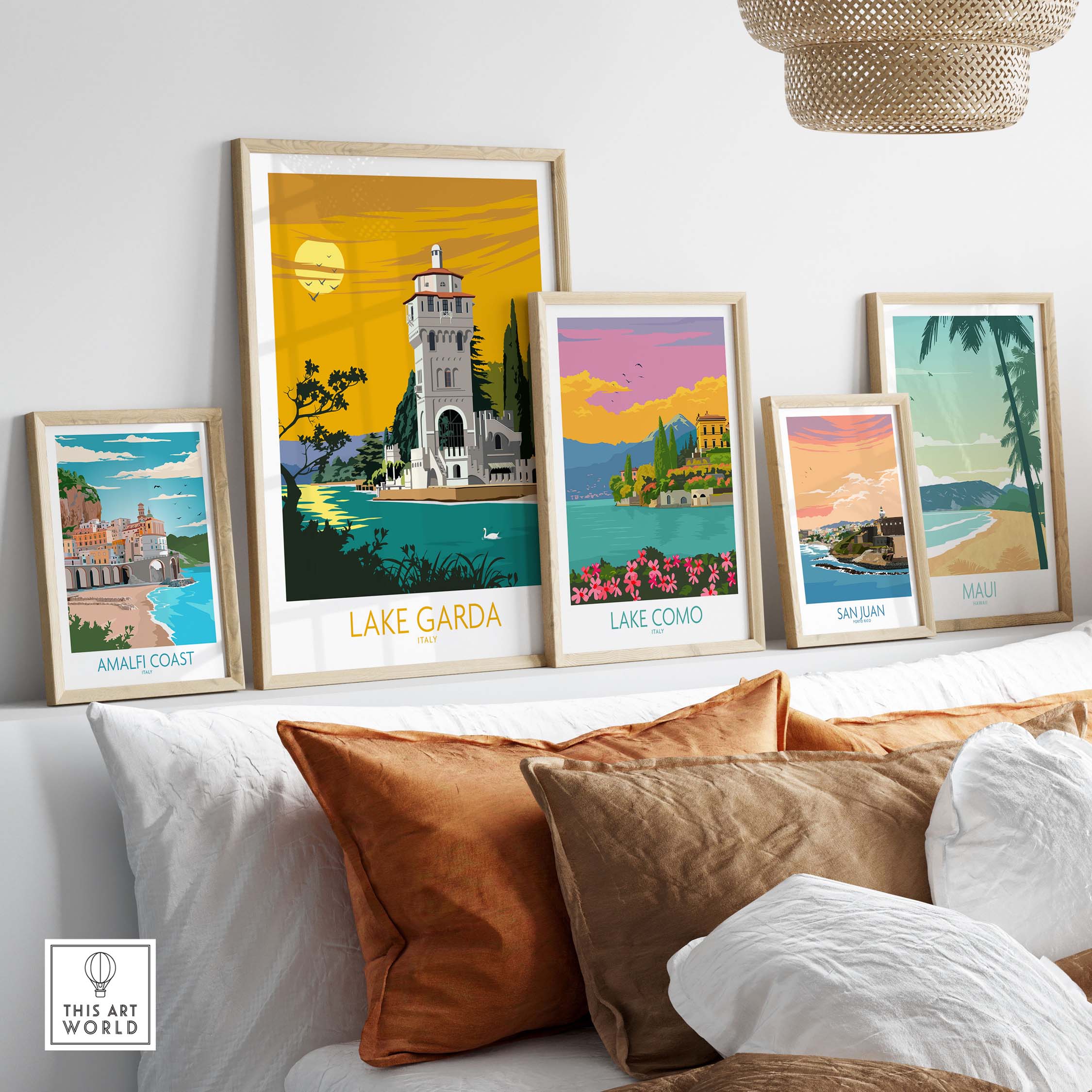 Collection of Lake Garda Italy poster prints displayed on a stylish wall, featuring vibrant vintage travel art.