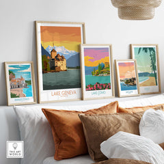 Framed art prints featuring Lake Geneva, Amalfi Coast, and Lake Como, styled in a modern living room setting.