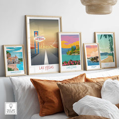 Las Vegas wall art print displayed among vintage travel art prints on a stylish shelf with cozy decor.