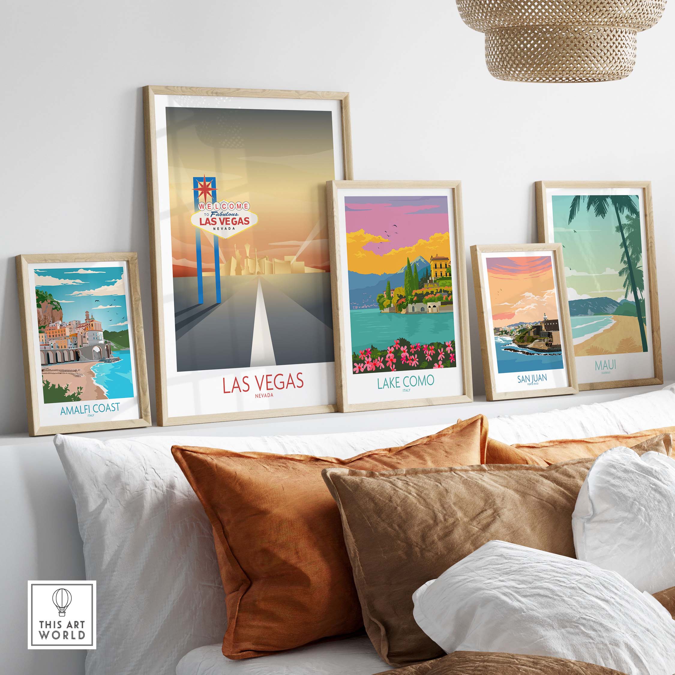 Las Vegas wall art print displayed among vintage travel art prints on a stylish shelf with cozy decor.