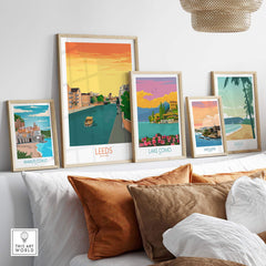 Leeds Print England Travel Poster displayed among vintage travel art in a stylish living room setting.