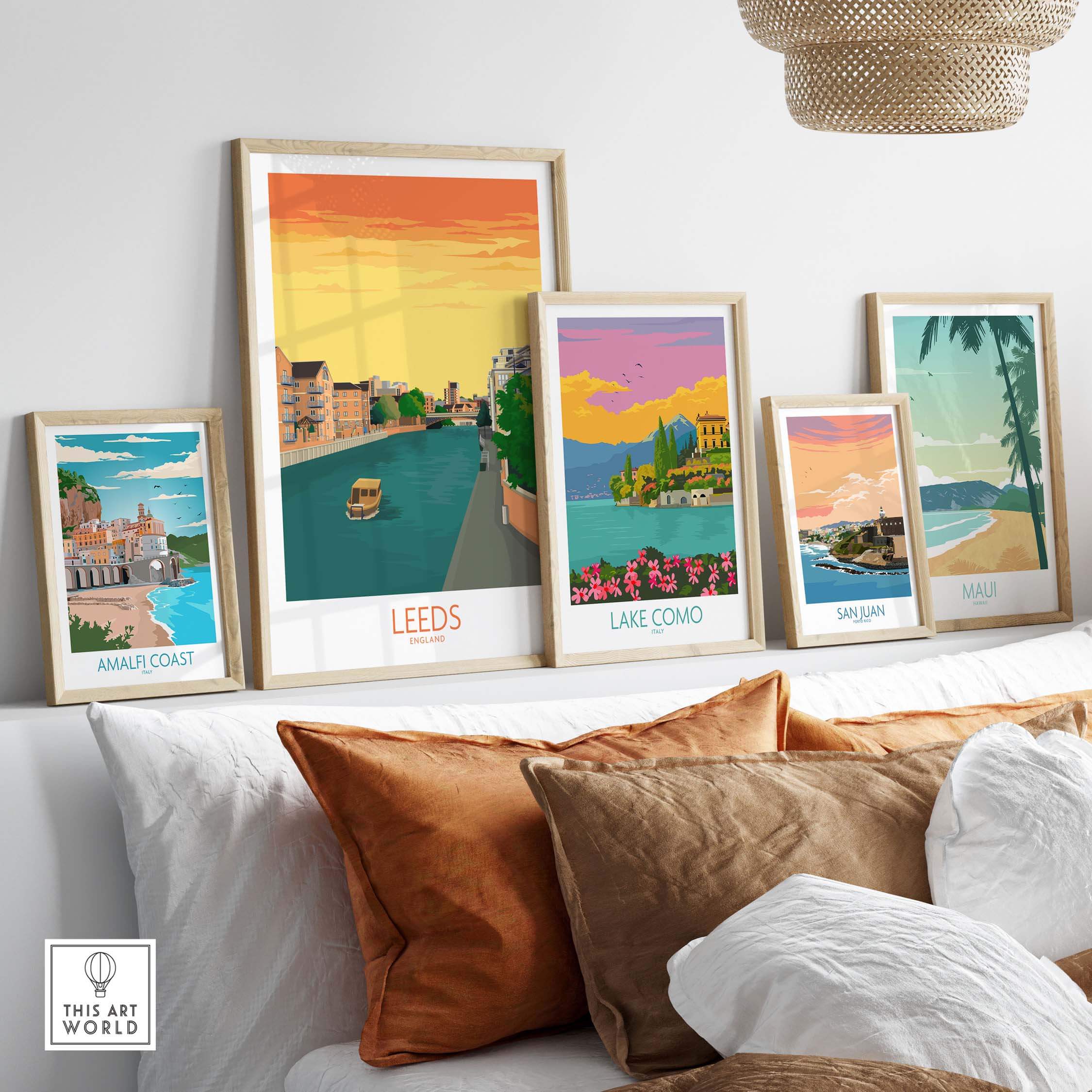 Leeds Print England Travel Poster displayed among vintage travel art in a stylish living room setting.