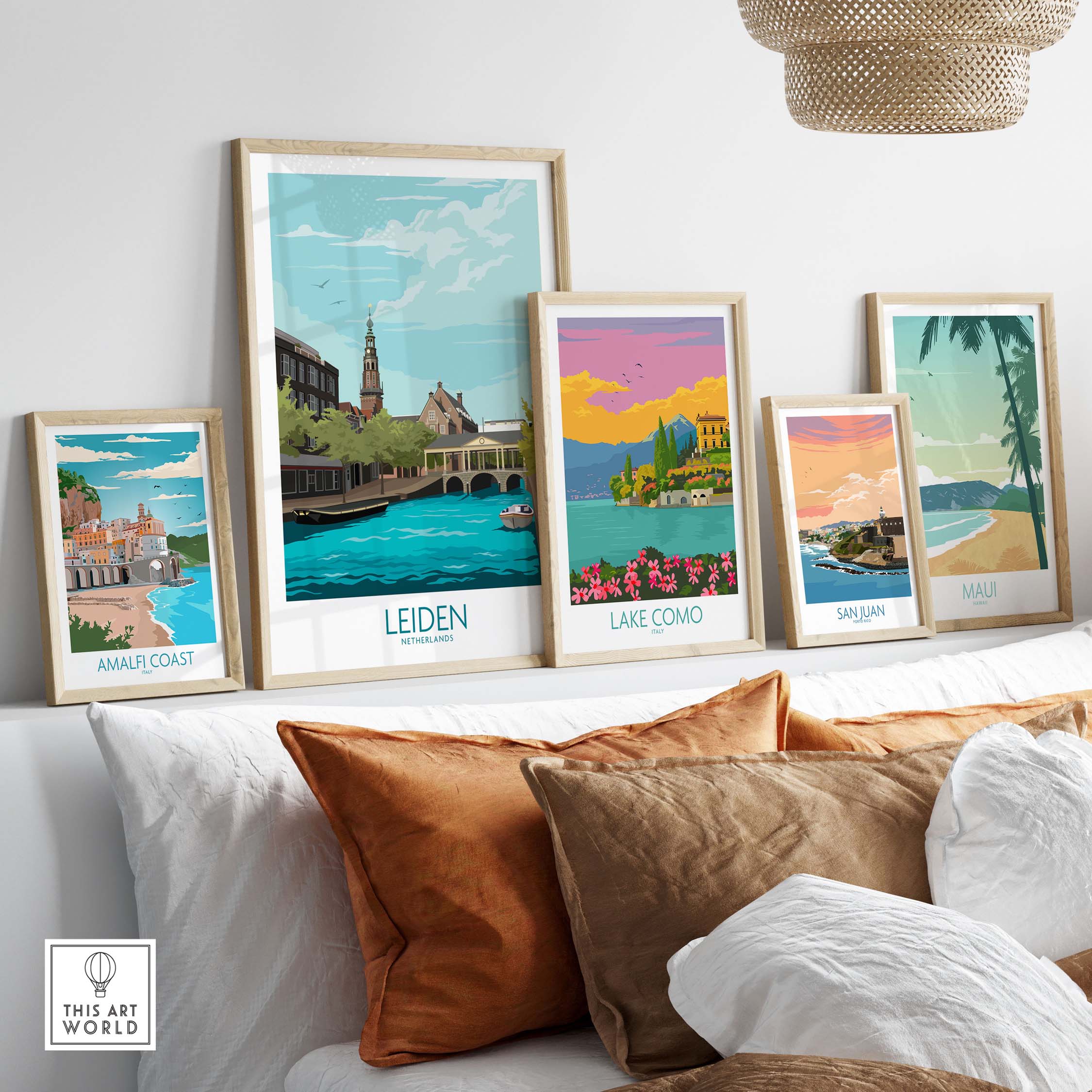 Leiden Poster and vintage travel artwork displayed in a cozy living room setting, ideal for home decor inspiration.