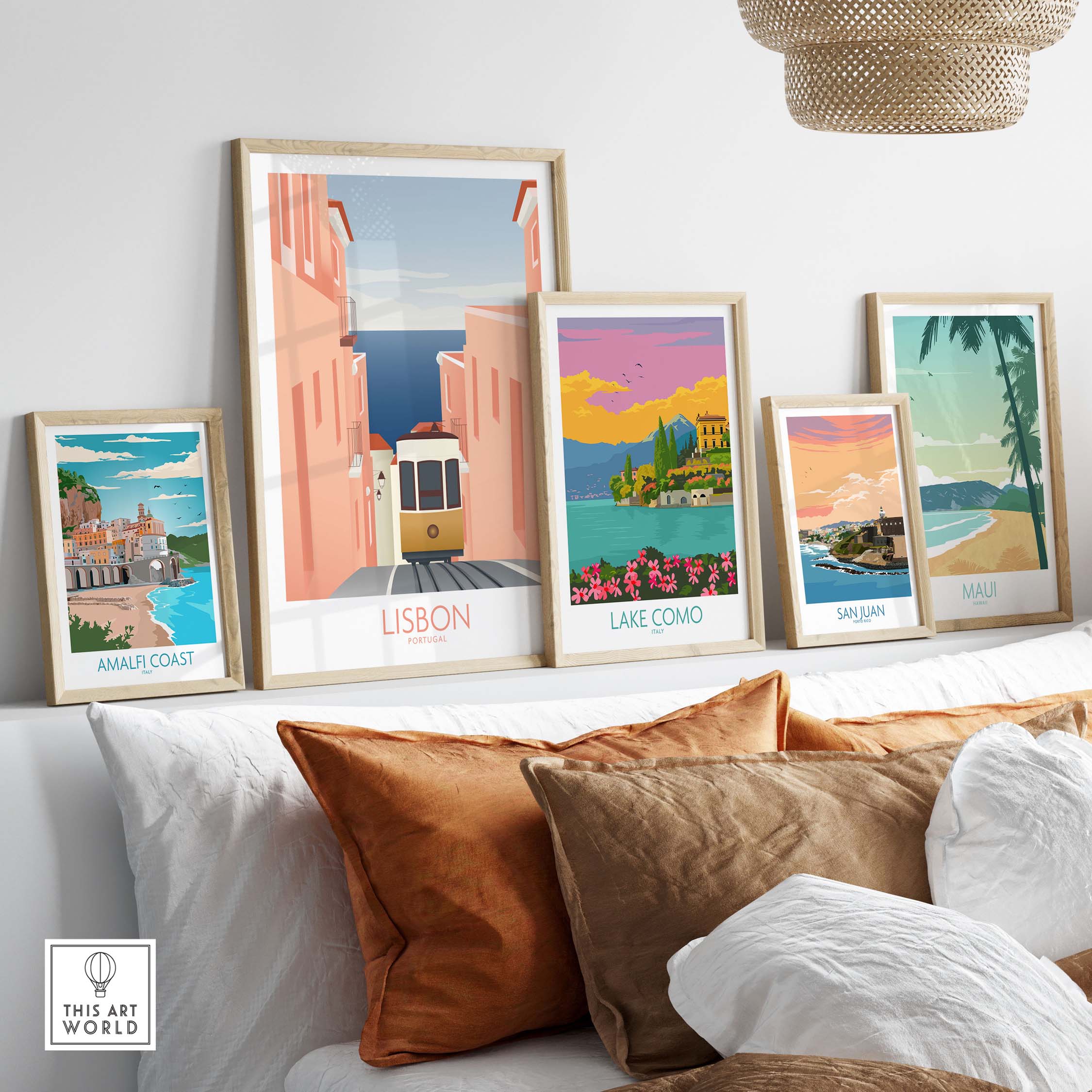 Lisbon Wall Art Poster Print featuring vibrant vintage travel designs with framed prints on a stylish shelf.