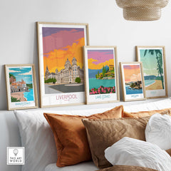 Vibrant Liverpool print among travel posters, adding color and nostalgia to home decor.