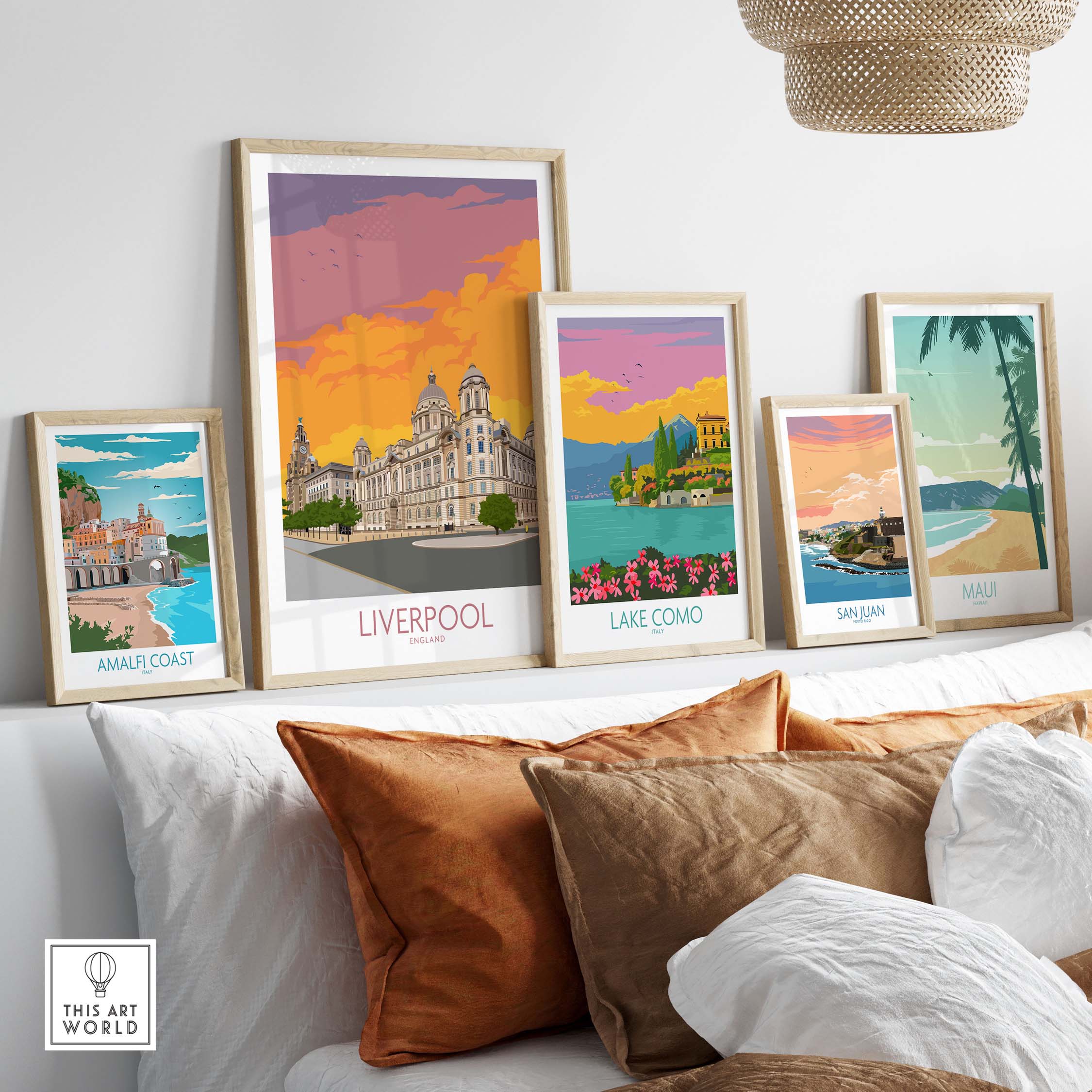 Vibrant Liverpool print among travel posters, adding color and nostalgia to home decor.