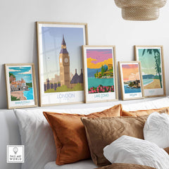 Stylish London Print Travel Poster framed among other vintage travel art, perfect for home decor.
