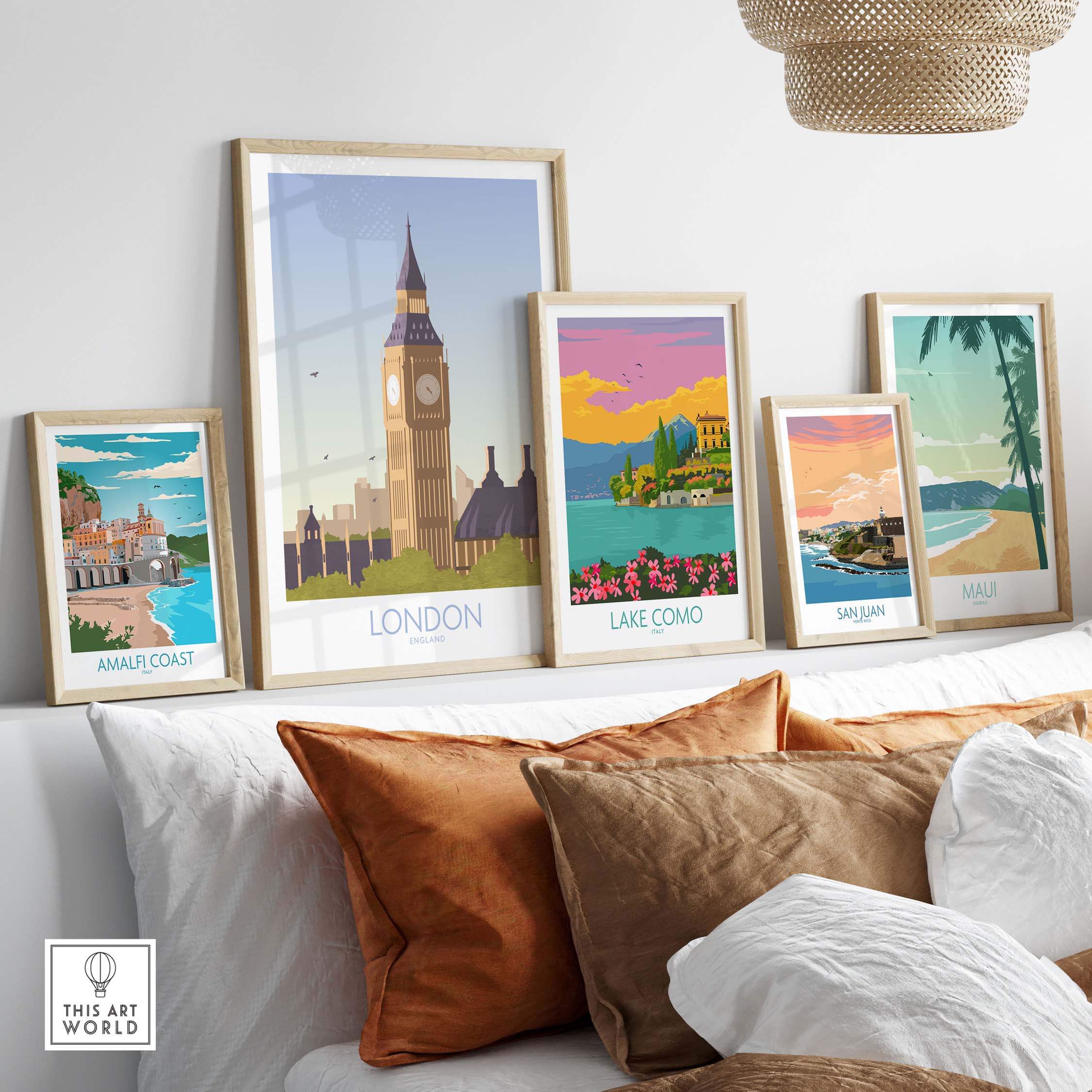 Stylish London Print Travel Poster framed among other vintage travel art, perfect for home decor.