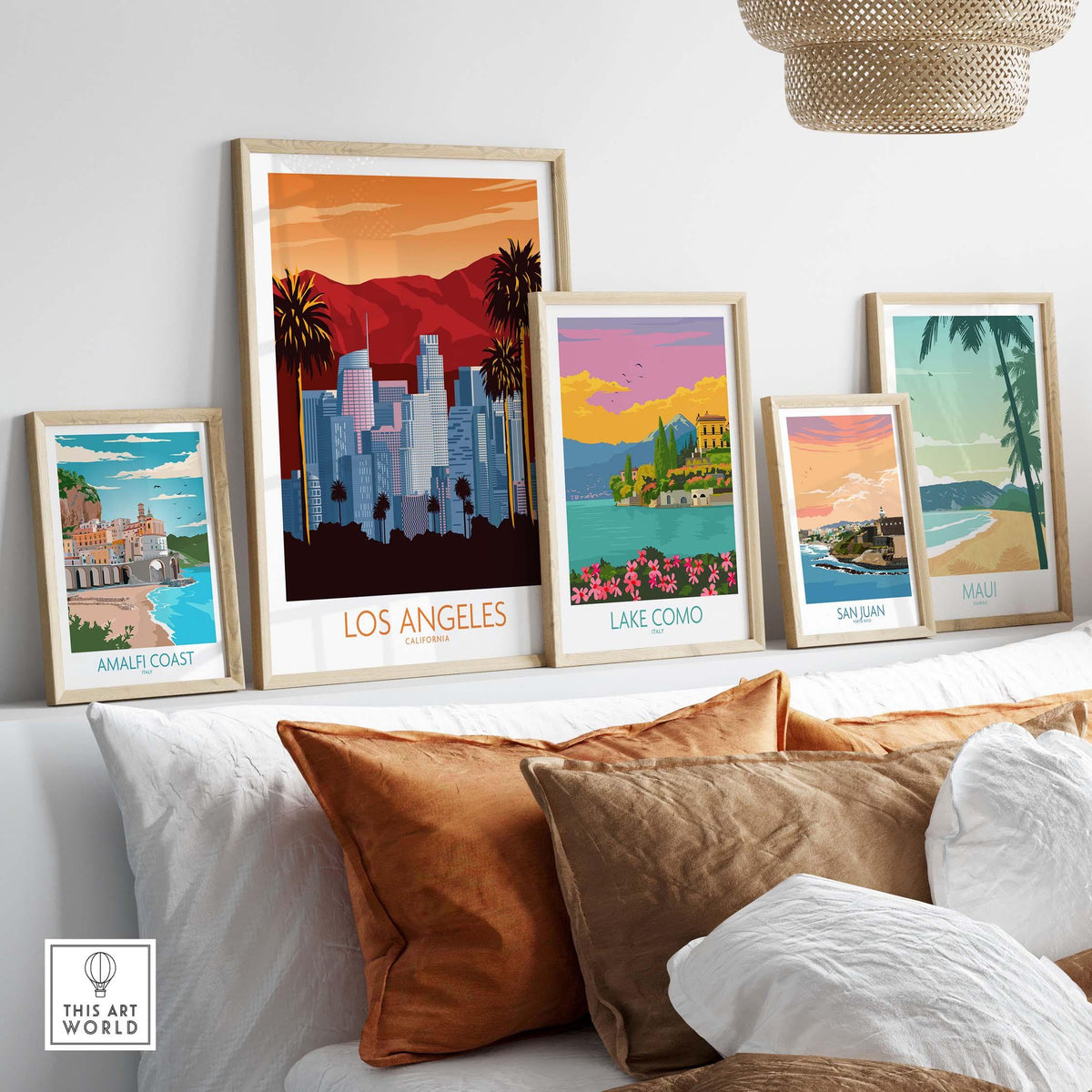 Los Angeles travel poster print in a stylish home setup with other vintage travel art.