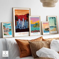 Los Angeles travel poster print in a stylish home setup with other vintage travel art.