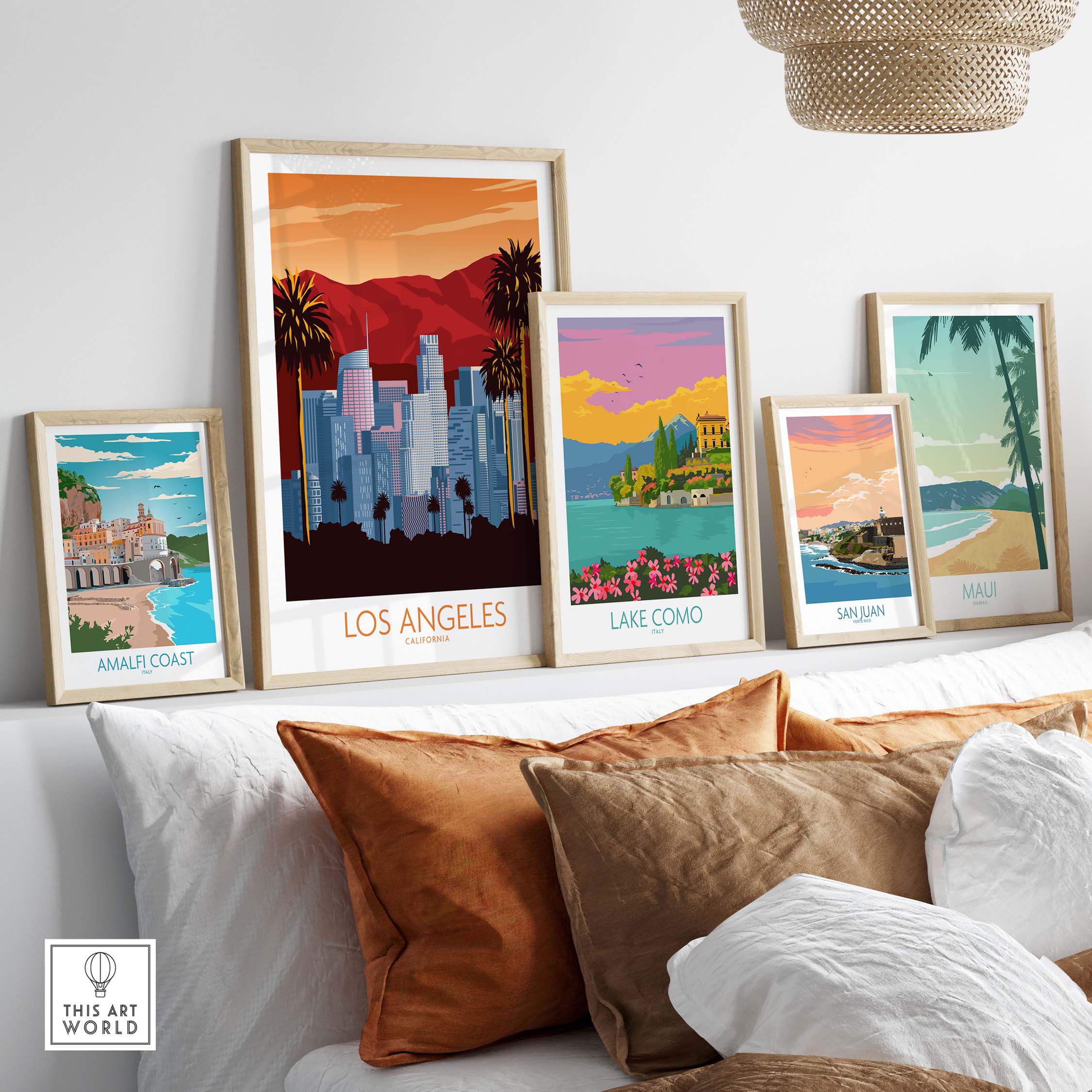 Los Angeles travel poster print in a stylish home setup with other vintage travel art.