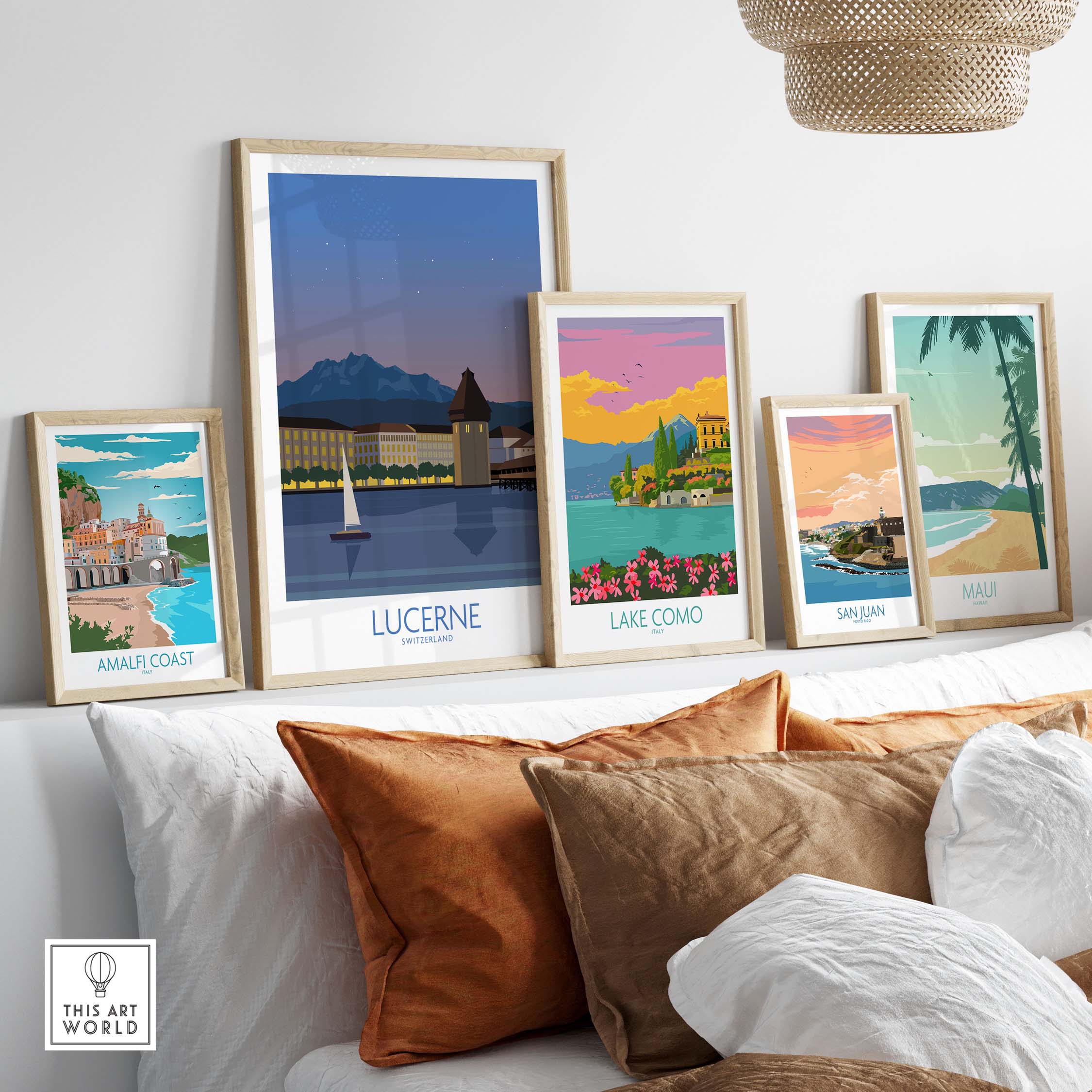 Stylish Lucerne Switzerland poster alongside other vintage travel posters in a cozy home setting.