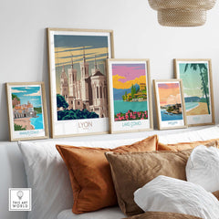 Lyon Poster France Wall Art displayed alongside other travel posters in a stylish living room setting.