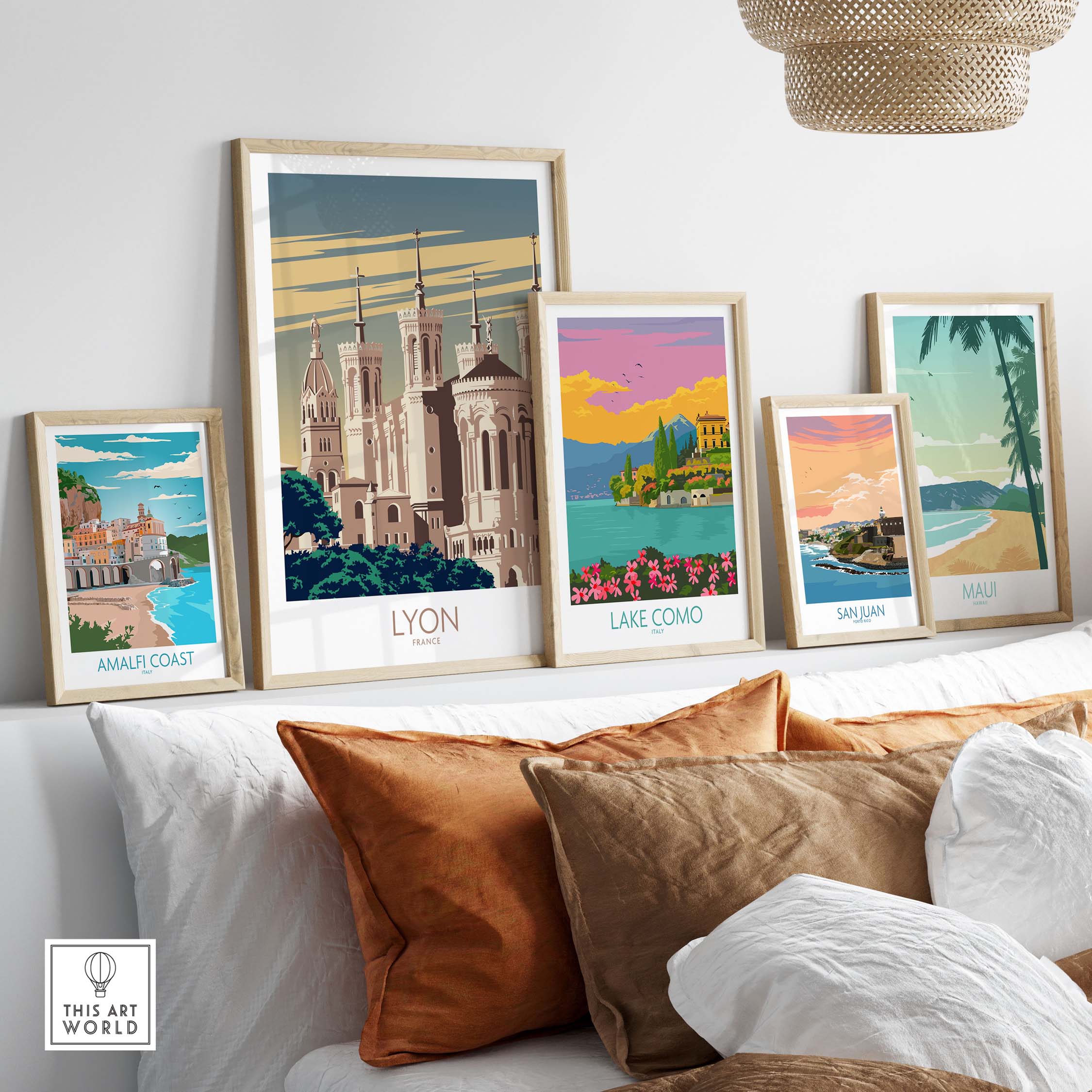 Lyon Poster France Wall Art displayed alongside other travel posters in a stylish living room setting.