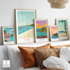 Aruba Caribbean poster and vintage travel prints displayed in a stylish home setting, showcasing wanderlust themes.