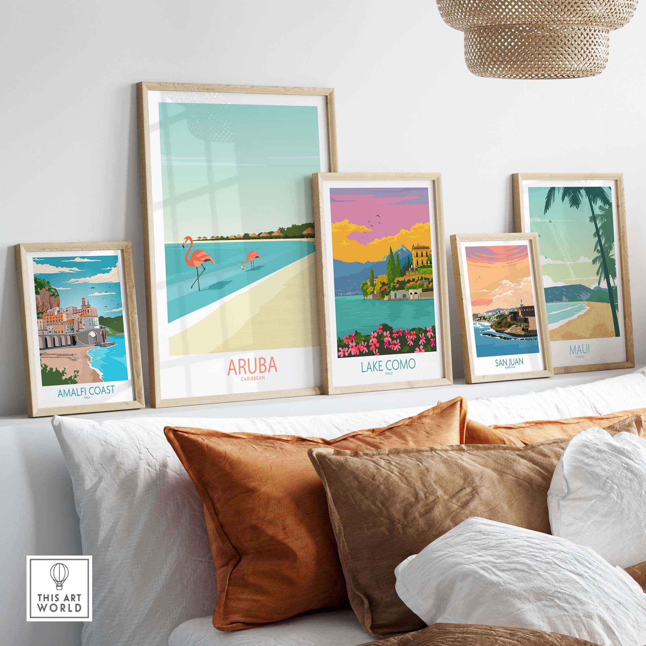 Aruba Caribbean poster and vintage travel prints displayed in a stylish home setting, showcasing wanderlust themes.