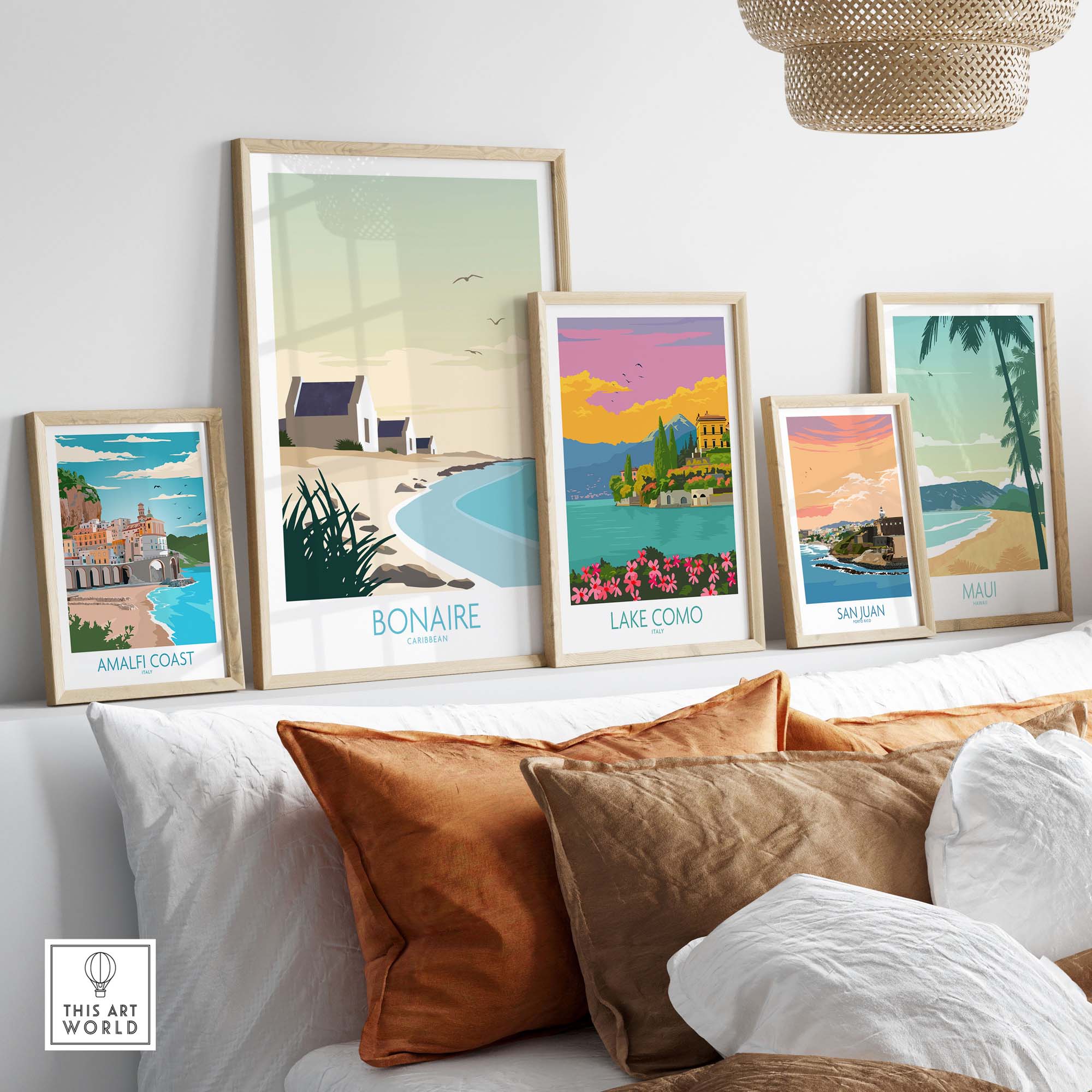 Stylish Bonaire Wall Art Print displayed among vintage travel posters in a modern living room setting.