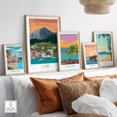 Capri Print Italy travel poster collection displayed in stylish home setting with warm pillows and natural light.