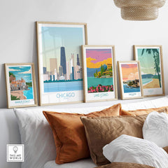 Framed Chicago Skyline Print alongside vintage travel posters, showcasing stylish wall art for home decor.