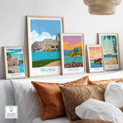 Deauville travel poster print collection displayed on a wall with stylish decor accents by This Art World.