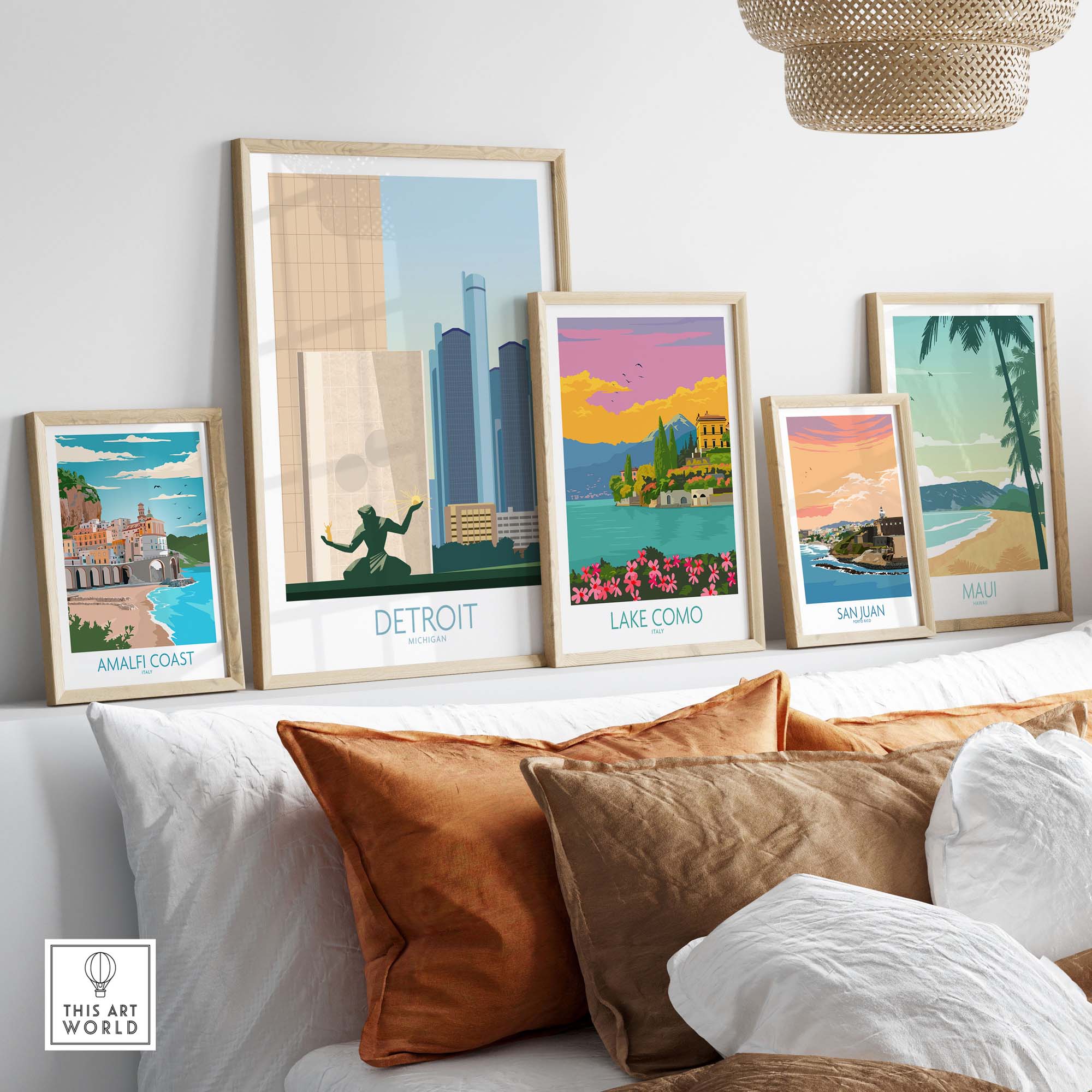 Detroit wall art print framed among other travel posters, showcasing vintage-inspired designs in a modern home setting.