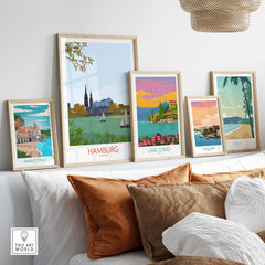 Stylish Hamburg Germany wall art print displayed among other travel posters on a modern shelf.