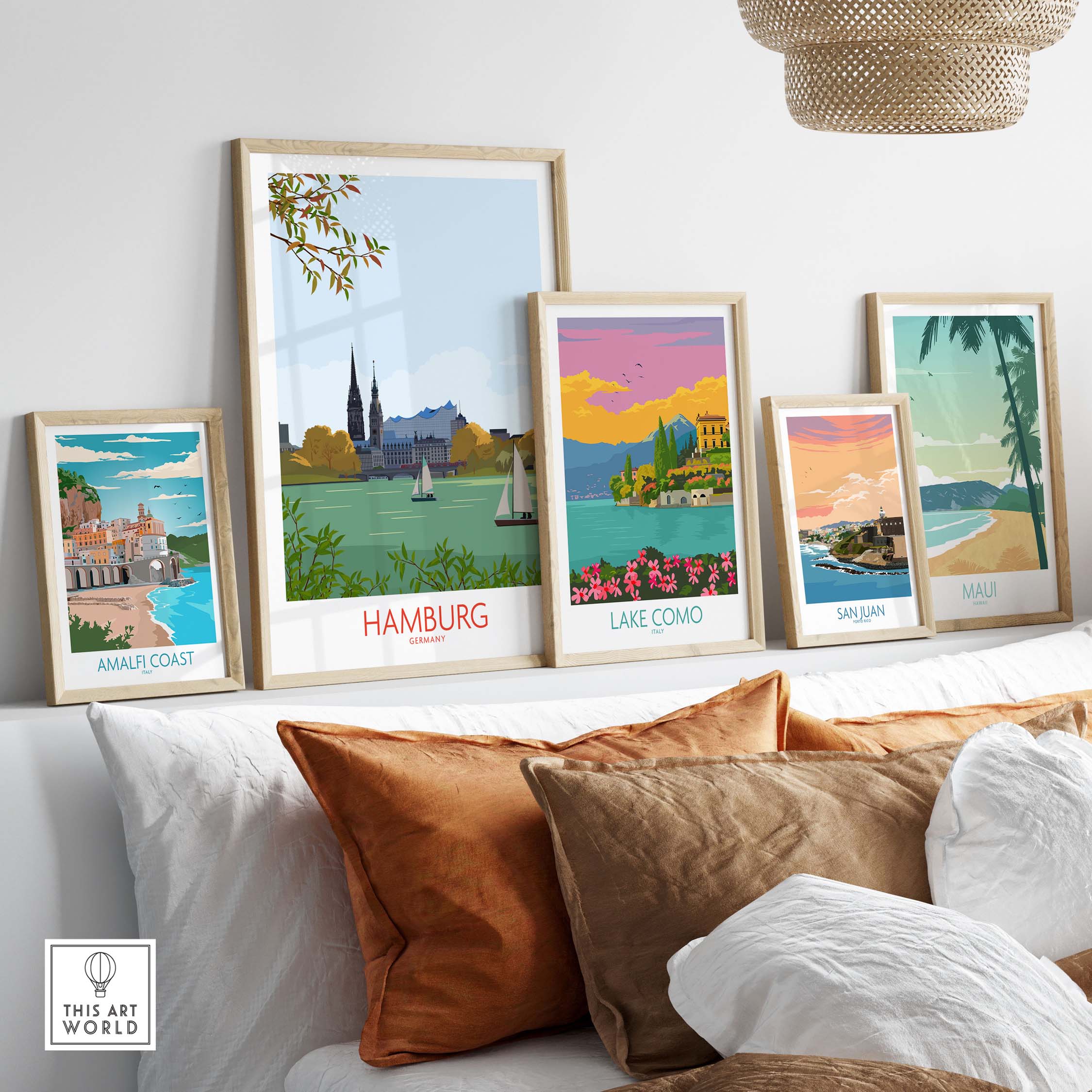 Stylish Hamburg Germany wall art print displayed among other travel posters on a modern shelf.