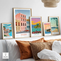 Framed art prints featuring Havana, Lake Como, and Amalfi Coast on a stylish home decor display.