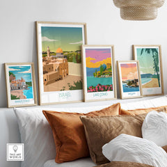 Stylish Israel wall art print and travel posters displayed in a cozy home setting, showcasing minimalist vintage designs.