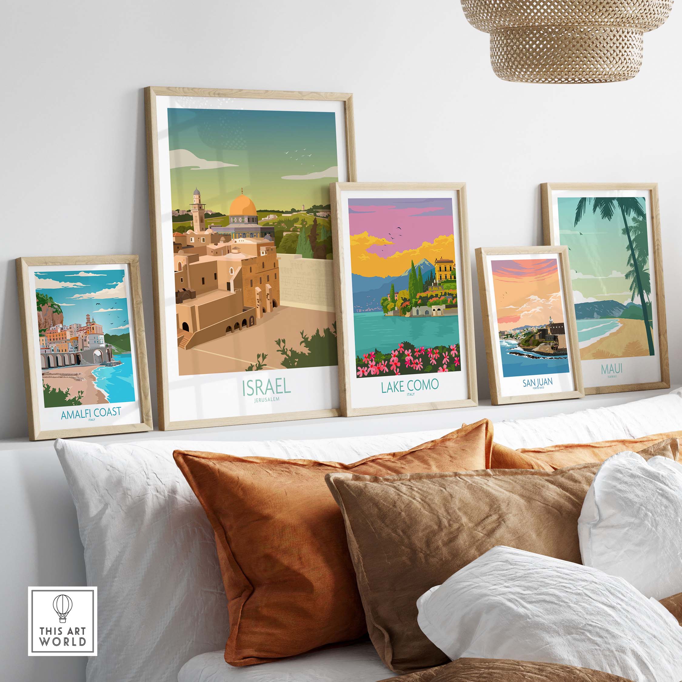 Stylish Israel wall art print and travel posters displayed in a cozy home setting, showcasing minimalist vintage designs.