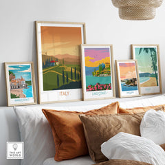 Italy wall art print and travel posters displayed in a stylish home setting with decorative pillows.