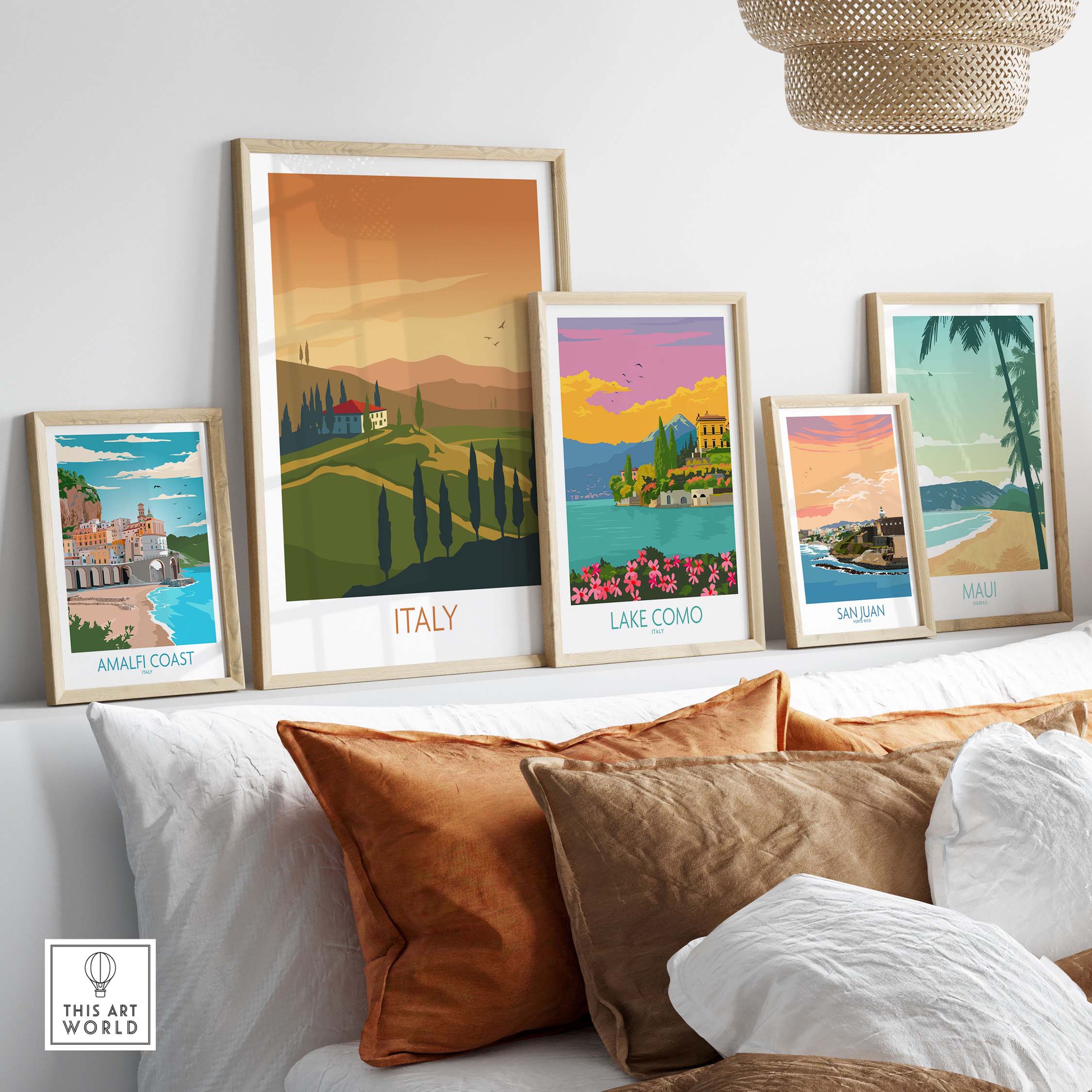 Italy wall art print and travel posters displayed in a stylish home setting with decorative pillows.