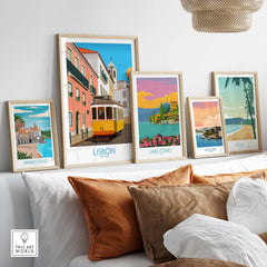 Framed Lisbon wall art print and travel posters on display, inspired by vintage styles, creating a vibrant home decor.